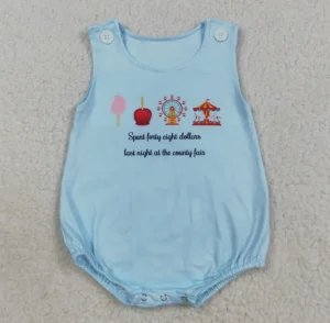 SR3056 Newborn Baby Kids Sleeveless County Fair Blue Print Bubble Rompers Baby Boys Summer Romper Clothes