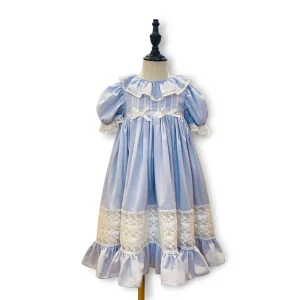 Satin Heirloom Dress Blue Short Sleeve Doll Collar Elegant Occasion Girls Dress
