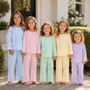 Scalloped Edge Pajamas Girls Matching Toddler Sleepwear Set Long Sleeve 100% Cotton Loungewear Kids Boutique Children Nightwear