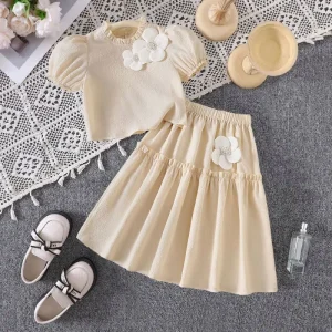 Set Casual Cotton Children’s Clothing Big Children and Girls Spring and Summer New Floral Bubble Sleeve Jacket Skirt Set