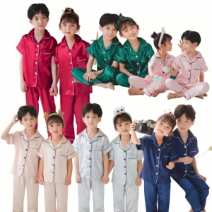Set Organic Soft Satin Pyjamas for Kids Breathable Thermal Plain Pajamas for Boys and Girls