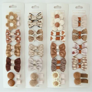 Set of 10 Cute Brown Bowknot Flower Hair Clips for Baby Girls 5cm Size Newborn Hairclips with Full Fabric Cover