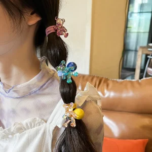 Sets of 2 Pcs Cute Animal Colorful Bear Ball Elastic Hair Ties for Girls Kids Accessories