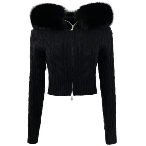 Sexy Girls Short Style Casual Knitted Sweater Cable Design Spring Fashion Cardigan with Detachable Real Fox Fur Collar