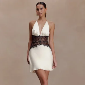 Sexy Halter Neck Backless Girl’s Lace Splice Satin Dress Elegant Casual Summer Short Dress for Ladies Girls Women