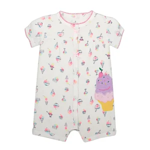 Short Sleeve Buttons Cotton Pajamas Summer Girl Baby Pink Jumpsuit
