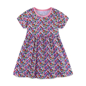 Short Sleeve Summer Casual Dress for Girls 100% Cotton Printed V-Neck Knitted OEM Service Low MOQ Kids Clothes