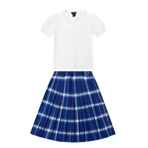 Short Sleeved Skirt White School Uniform Girls Student White Blouse Skirt Blue Plaid Dress Set for School Girls Student