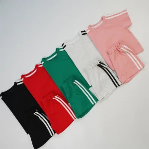 Short-sleeved Striped 100% Nylon Shorts Children’s Sports Suit Boys Girls Summer Korean-style Loose Two-piece Softening