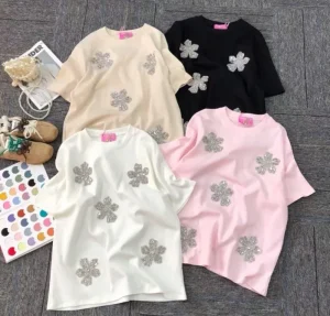 Short sleeved Women’s T shirt Flower Rhinestone Loose Style Large Size Short sleeved Shirt Girl Blouse