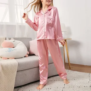 Silk Satin Pajamas Sets Long Sleeve Sleepwear Nightwear for Boys Girls Kids Clothing Pajamas Set Lapel Style Long Sleeve Pants