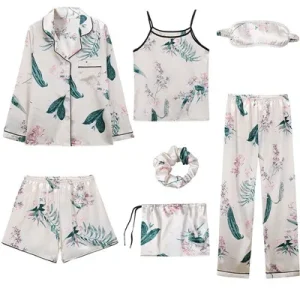 Silk Satin Women 7 Pcs Pajamas Young Girl Satin Sleepwear Set