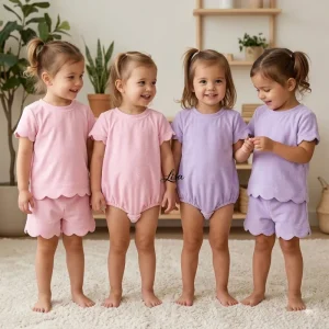 Sisters Matching Outfits Baby Girl Summer Short Sleeve Romper Scalloped Hem Terry Cloth Tee & Shorts Infant Girls Clothing Set