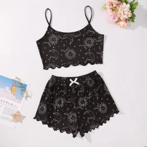 Sleepwear Print Pajamas for Girls Sleep Tops + Pants Summer Pijama De Mujer Pyjama Femme Sexy Lingerie Set Coldker