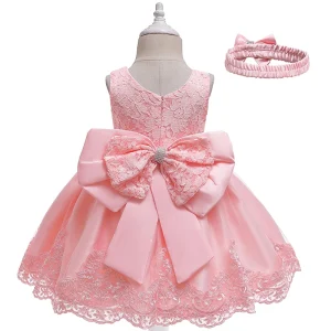 Sleeveless Princess Dresses Bow Lace Princess Cake Clothes for Kids Children Flower Girl Dresses with Big Waistband