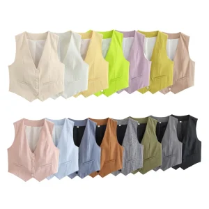 Sleeveless V Neck Candy Color Women’s Vest Short Top Casual Slim Vest Suit Top Fashion