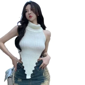 Sleeveless Vest Sweater Women’s Autumn and Winter Turtle Neck Slim Short Top