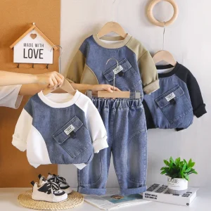 Small Lessons Boys’ Baby Boy Autumn New Model Large Pocket Sweatshirt Korean Style Casual Cotton Two Piece Model JC
