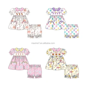 Smocked Children Clothing Boutique Embroidery Baby Girls Dress and Pants Outfits Custom Kids Cotton Pajamas