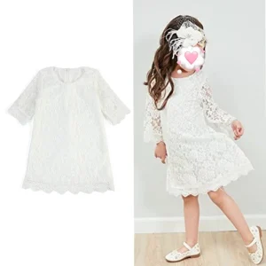 Smocked Kids Girls Party Dress O Neck Children Girls Solid Color Clothing Baby Girl Lace White Dresses