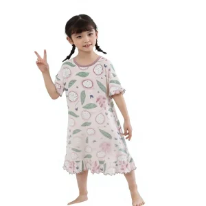 Soft Breathable Girls Sleep Dress Dragon Fruit Print Short Sleeve Ruffle Hem Kids Nightwear Summer Casual Home Gown