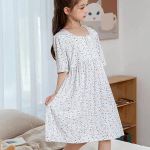 Soft Breathable Girls Sleepwear Collection Unicorn Floral Fairy Tale Print Cartoon Kids Nightgown Long Summer Home Dress