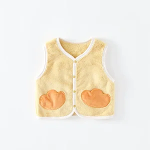 Soft Coral Fleece Thick 2 Layer Cartoon Pattern Breathable Baby Vest 100% Polyester Warm Sleeveless Waistcoat with Snap Buttons