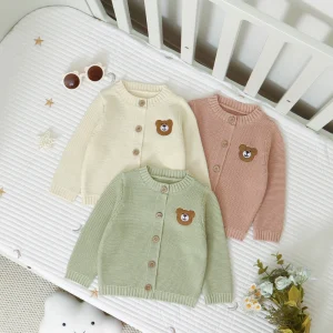 Soft Cotton Baby Knit Cardigan Bear Embroidered Toddler Sweater Long Sleeve Infant Jacket for Fall Winter Boys Girls