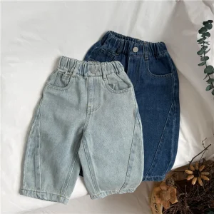 Soft Denim Toddler Jeans Loose Patched Boys Blue Denim Pants Outdoor