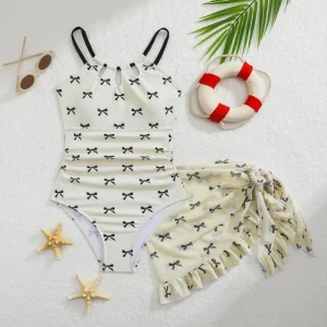 Soft Elastic Kids Girls Swimwear Black Bow Print Sleeveless One Piece Swimsuits for Beach Pool Water Activities