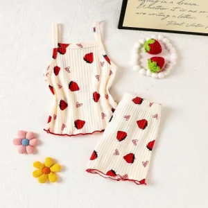 Soft Friendly Fabric Strawberry Print Cami Top and Shorts Set Kids Girls Sleepwear Daily Loungewear