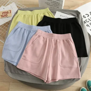 Soft Korean Style Girls Bottoms Elastic Homewear Summer Women’s Shorts Casual Summer Bright Color Short Pants with Pocket