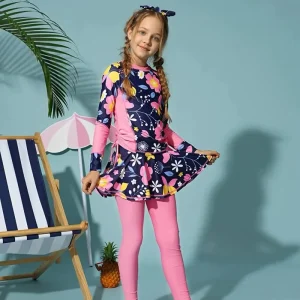 Soft Long Sleeve Beachwear Swimwear Kids Girls Custom Color Printing Girls Swimming Suits Swimwear 6-14 Years