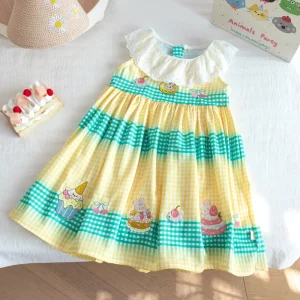 Soft Skin Friendly Lace Ruffle Sleeveless Yellow Green Plaid Kids Girl Dress for Summer Daily Party Wear