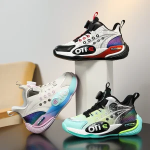 Soft Sole Running Basketball Mesh Kids Sport Shoes with EVA Upper and PVC Midsole for Big Boys and Girls Rotating Buckle