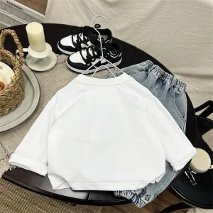 Solid Color 100% Cotton T Shirt for Boys Long Sleeves Casual Style Age Range 1 6 Years Front Silk Screen Printing White Black