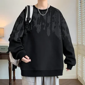 Solid Color Base Thin Autumn Winter Fleece Lined Crew Neck Sweater Mens Sports Boys New Loose Top