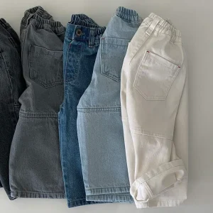 Solid Color Breathable Washed Denim Jeans for Boys Girls Fashionable Korean Series Loose Pants New