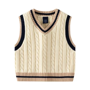 Solid Color V Neck Boy Knit Sweater Autumn Baby Twist Knit Sleeveless Vest