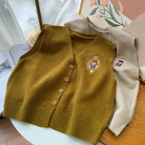 Solid Color Vest for Women New Vintage Fashion Button Outerwear Cardigan V-Neck Sleeveless Short Top