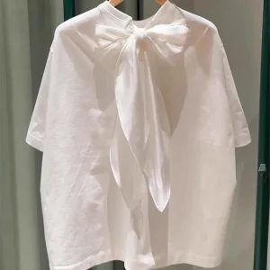 Solid White Color Bow Tie Collar Blouse Short Sleeved Pure Cotton T-Shirt for Kid Girl Fall Fashion