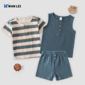 Spandex Cotton Baby Boys Tracksuit 180gsm Jersey Top 210gsm Waffle Vest Shorts Set 3 Piece Outfit Quick Dry Breathable