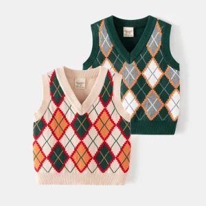 Spring Autumn Boys’ Casual Vest New Style College Style Diamond Waistcoat Baby Wool Trendy Children’s Clothing