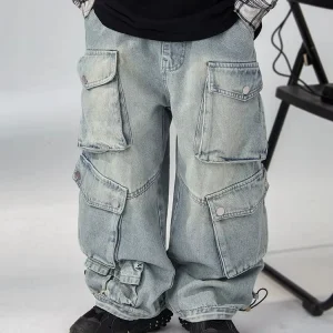 Spring Autumn Boys Jeans Loose Wide Leg Working Clothes Trousers Middle And Large Children Comfortable Fit Kids Clothing