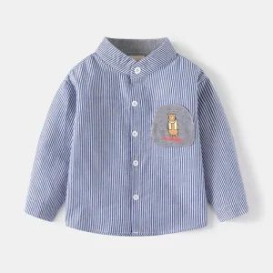Spring Autumn Boys’ Striped Long Sleeve Shirt Stand Collar Fashionable Top Children’s Pure Cotton Toddler Boys Shirts