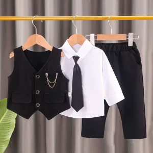 Spring & Autumn Boys Suit Classic Vest Shirt Pants 3 Pieces Set Stylish Formal Outfit for Party