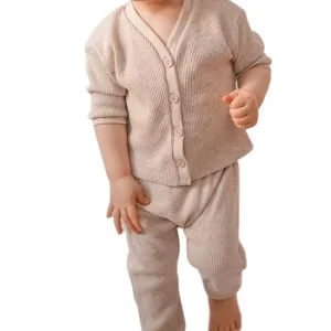 Spring Autumn Boys Waffle Knit Two Pieces V Neck Buttons Cardigan Long Pants Lounge Set