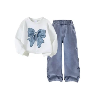 Spring Autumn Casual Long Sleeves Denim Pants 2Pcs Girls Clothing Set