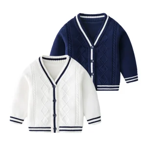 Spring Autumn Children Cardigan Clothes Regular Sleeve Long Cotton Computer Knitted Crew Neck Boy
