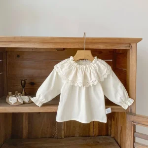 Spring Autumn Children Girl Cotton Solid Color Long Sleeve Large Lace Collar Baby Shirts